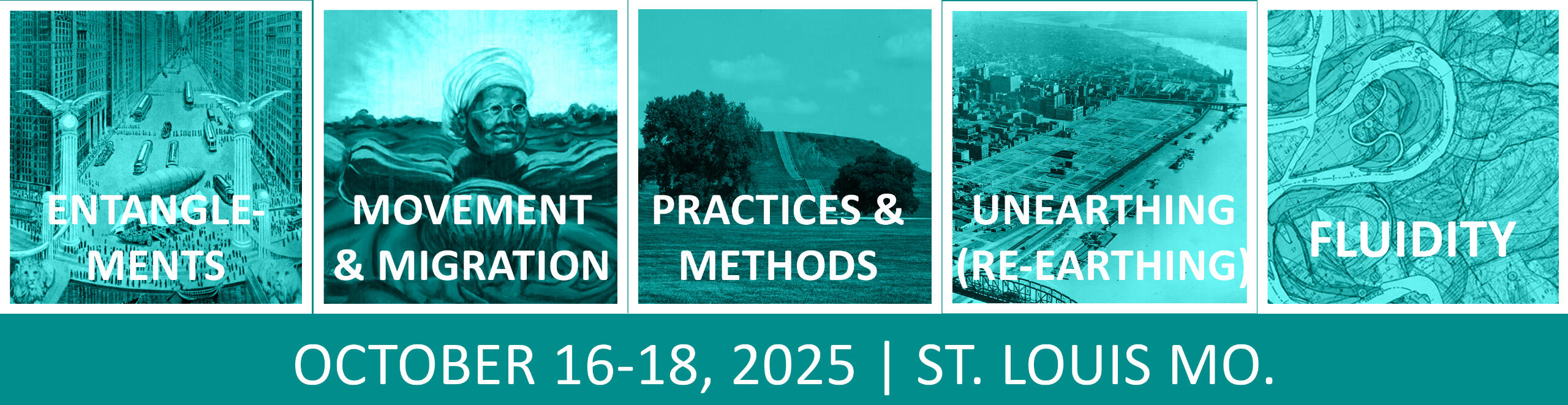 Meander map, logos of Urban Humanities Network, Vanderbilt University, Engaged City, Harvard Mellon Urban Initiative, UHI, Global Urban Humanities, UArizona Department of Public Applied Humanities, Princeton Mellon Initiative, and the following text: Es