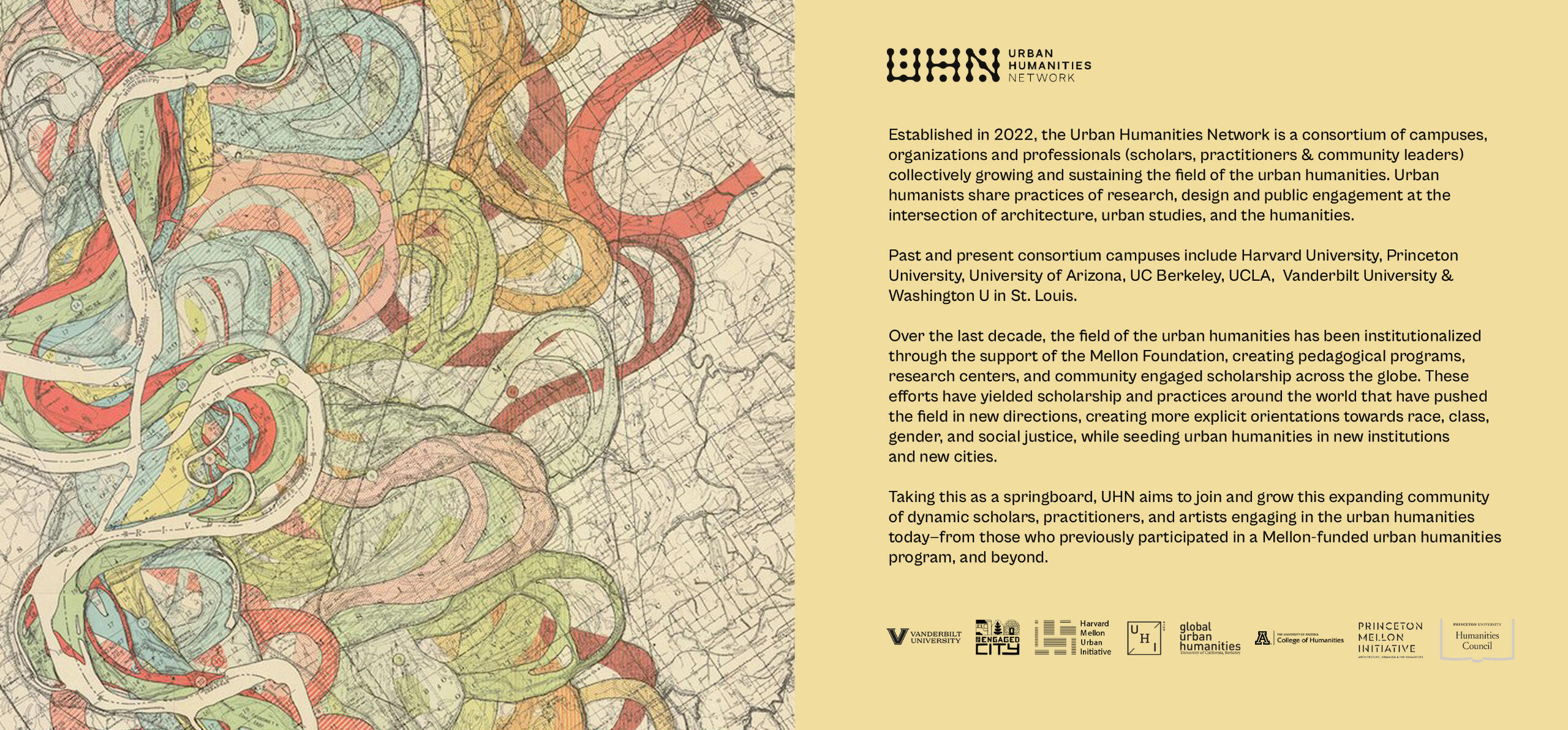 Meander map, logos of Urban Humanities Network, Vanderbilt University, Engaged City, Harvard Mellon Urban Initiative, UHI, Global Urban Humanities, UArizona Department of Public Applied Humanities, Princeton Mellon Initiative, and the following text: Es